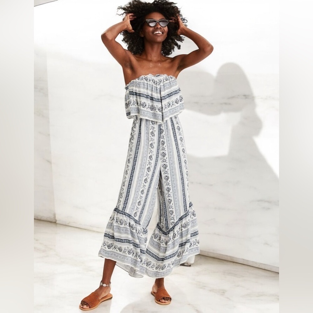 American Eagle AEO Smocked Draped Strapless Tube Top Wide Leg Jumpsuit Sz S Blue